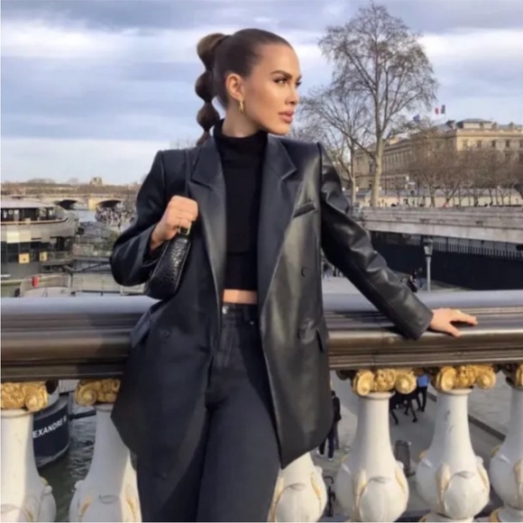 Zara Blogger Favorite Black Faux Leather Blazer Button Front Jacket Size XL NWT - Picture 2 of 16